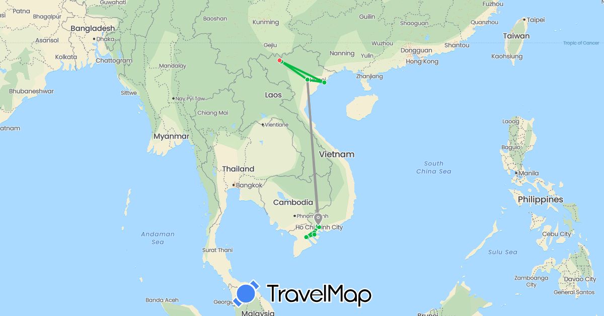 TravelMap itinerary: driving, bus, plane, hiking in Vietnam (Asia)