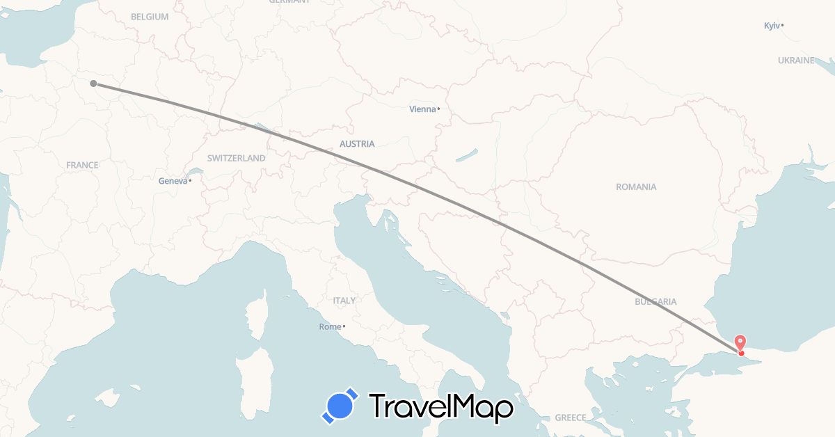 TravelMap itinerary: driving, plane, hiking in France, Turkey (Asia, Europe)